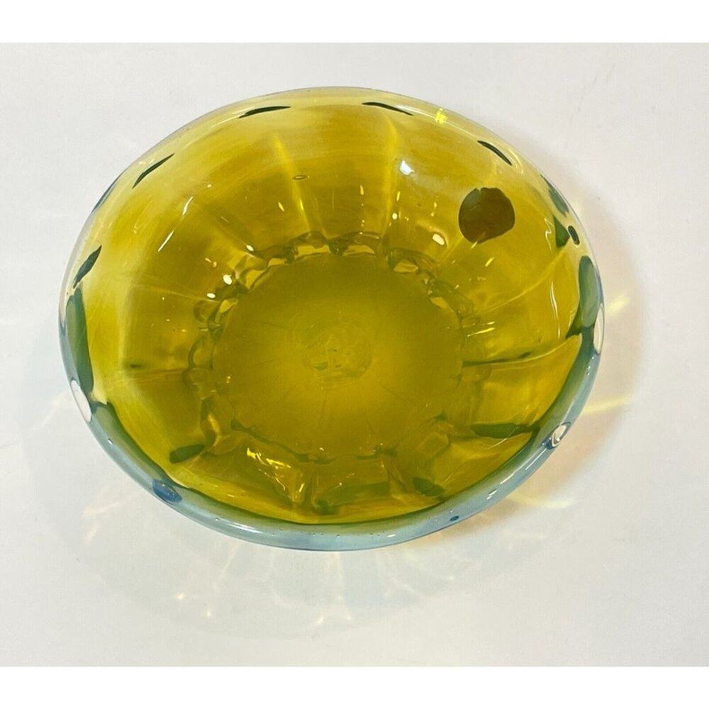 Vintage Murano Art Glass Camer MCM Yellow Blue Small Footed Bowl - Picture 5 of 15